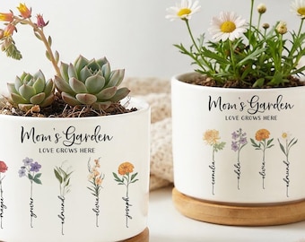 Mom's Garden Ceramic Flower Pot, Birth Flower Planter for Mom, Mother's Day Gift, Small Succulent Pot, Personalized Plant Pot Decor Indoor