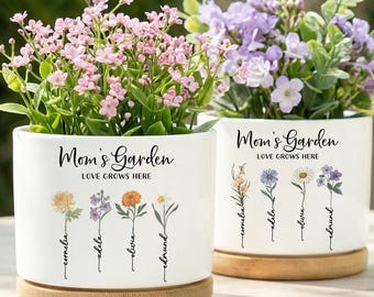 Mom's Garden Birth Flower Ceramic Planter, Personalized Flower Pot for Mom, Mother's Day Gift for Her, Small Ceramic Plant Pot Decor Indoor