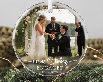 Personalized Photo Keepsake for Couples, Engagement or Wedding Memory Bauble, Custom Names and Date, Couples Round Glass Ornament