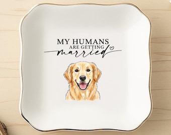Plato de anillo con retrato de mascota personalizado, recuerdo de boda de perro de cerámica personalizado, "Mis humanos se casan", regalo de compromiso para novia y pareja