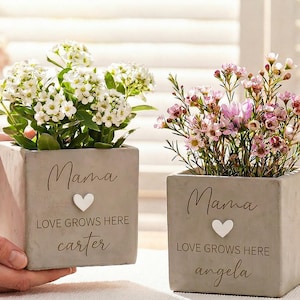 Op de afbeelding: Twee vierkante, grijze betonnen plantenbakken met bloemen. Eén bevat witte bloemen, de andere roze. Elke plantenbak heeft het woord "Mama", een hart en de tekst "LOVE GROWS HERE" met een naam eronder. De eerste plantenbak zegt "carter", de tweede "angela".