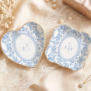 Porte-alliances personnalisé Toile de Jouy, plateau à bijoux en céramique sur mesure, porte-alliances, cadeau de fiançailles pour couple