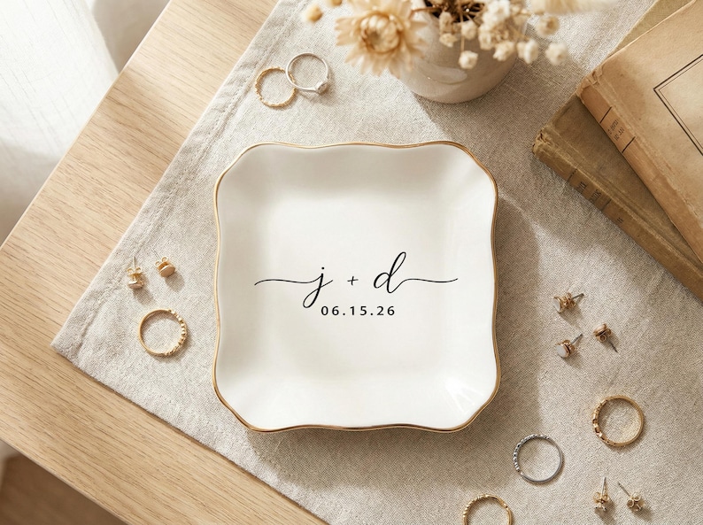 Personalized Ring Dish with Initials & Date, Ceramic Minimalist Jewelry Tray, Engagement Gift for Couple, Bedroom Decor for Everyday Use image 7