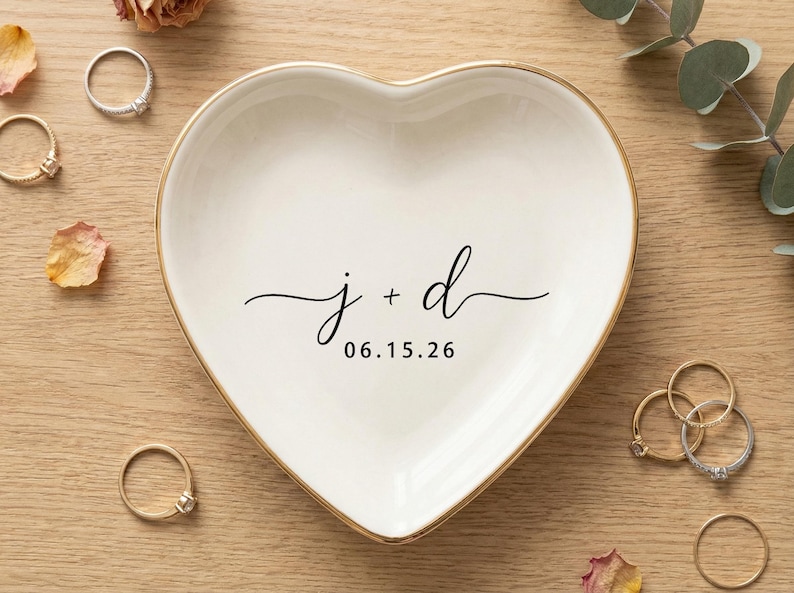 Personalized Ring Dish with Initials & Date, Ceramic Minimalist Jewelry Tray, Engagement Gift for Couple, Bedroom Decor for Everyday Use image 10