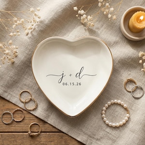 Personalized Ring Dish with Initials & Date, Ceramic Minimalist Jewelry Tray, Engagement Gift for Couple, Bedroom Decor for Everyday Use image 2