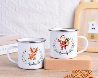 Personalized HotChocolate Mug, Christmas Stocking Stuffer, Merry Christmas Gifts Mug, Custom Name Xmas Enamel 10oz Mug for Kids