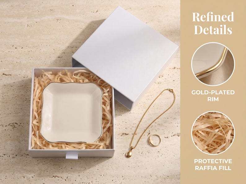 May include: A square white ceramic trinket dish with a gold-plated rim, nestled in a white gift box with protective raffia fill. The set includes a gold-tone chain necklace with a small pendant and a simple gold-tone ring, presented for display.
