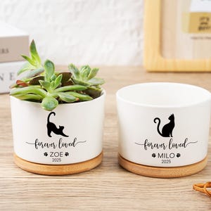 May include: Two white ceramic plant pots with bamboo bases. One contains a succulent plant. Each pot features a black cat silhouette and the words "forever loved" with a pet's name and year. The pots are on a wooden surface.