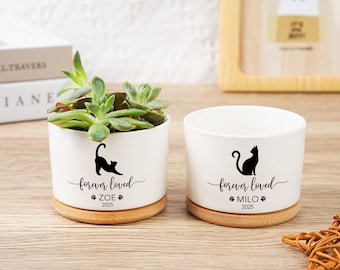 Custom Flower Pot With Bamboo Tray,Pet Memorial,Cat Planter,Personalized Cat Memorial Gift Planter,Cat Loss Gifts,Cat/Dog Remembrance Gift