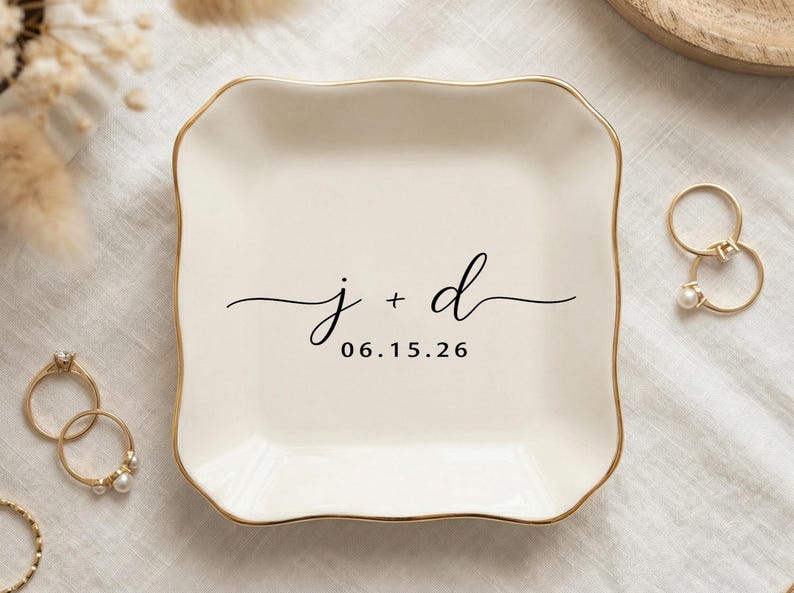 Personalized Ring Dish with Initials & Date, Ceramic Minimalist Jewelry Tray, Engagement Gift for Couple, Bedroom Decor for Everyday Use image 9