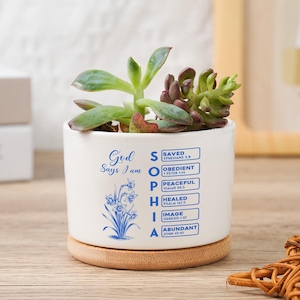 Personalized Birth Flower Pot,God Says I Am Planter,Custom Flower Pot With Bamboo Tray,Bible Verse Birth Flower Planter,Mental Health Gifts