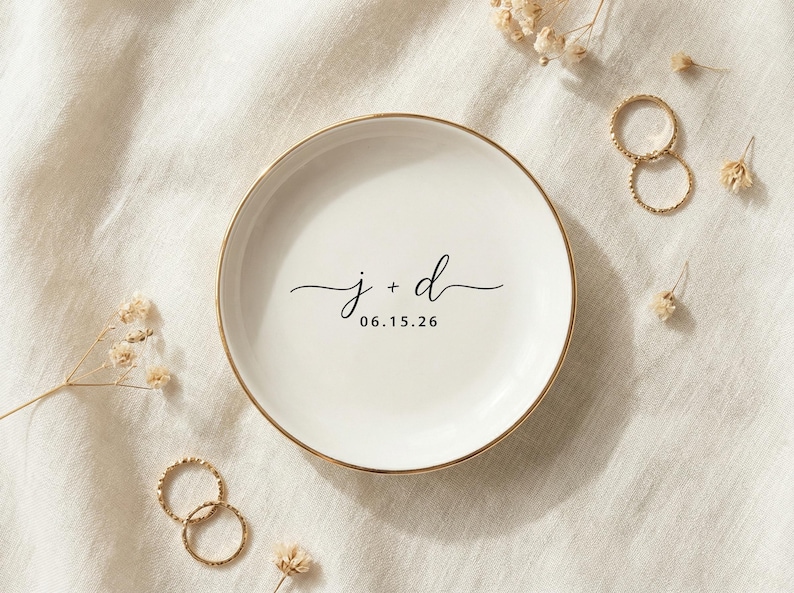 Personalized Ring Dish with Initials & Date, Ceramic Minimalist Jewelry Tray, Engagement Gift for Couple, Bedroom Decor for Everyday Use image 8