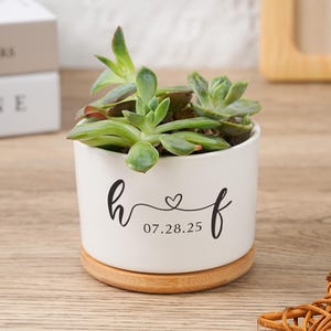 Puede incluir: Una maceta de cerámica blanca con una planta suculenta. La maceta tiene una base de madera y presenta una escritura negra con las letras "h" y "f", un corazón y la fecha "07.28.25".