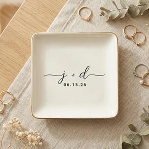 Personalized Ring Dish with Initials & Date, Ceramic Minimalist Jewelry Tray, Engagement Gift for Couple, Bedroom Decor for Everyday Use image 3