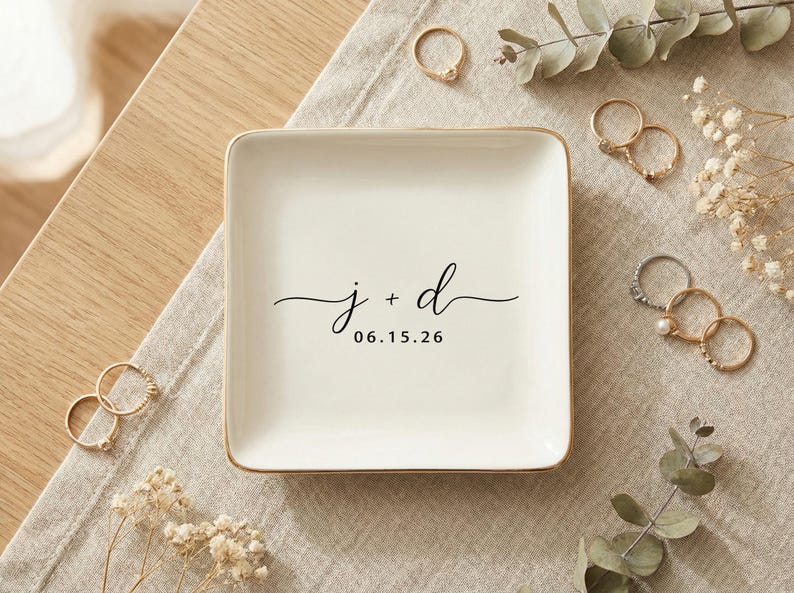 Personalized Ring Dish With Initials & Date, Ceramic Minimalist Jewelry ...