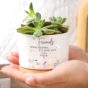 May include: A white ceramic planter with a succulent plant, featuring the text "If friends were flowers, I'd pick you. Love Sophia." The planter has a wooden base and is decorated with colorful flowers and butterflies.