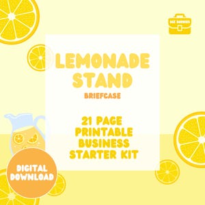 Puede incluir: Una descarga digital para un kit de inicio de negocio de puesto de limonada. La imagen presenta un fondo amarillo con limones, una jarra de limonada y un maletín con el texto "Biz Buddies". El texto "Lemonade Stand" está en letras grandes amarillas con el texto "Briefcase" debajo. El texto "21 Page Printable Business Starter Kit" está debajo del texto del maletín. El texto "Descarga digital" está en un círculo con un fondo amarillo.
