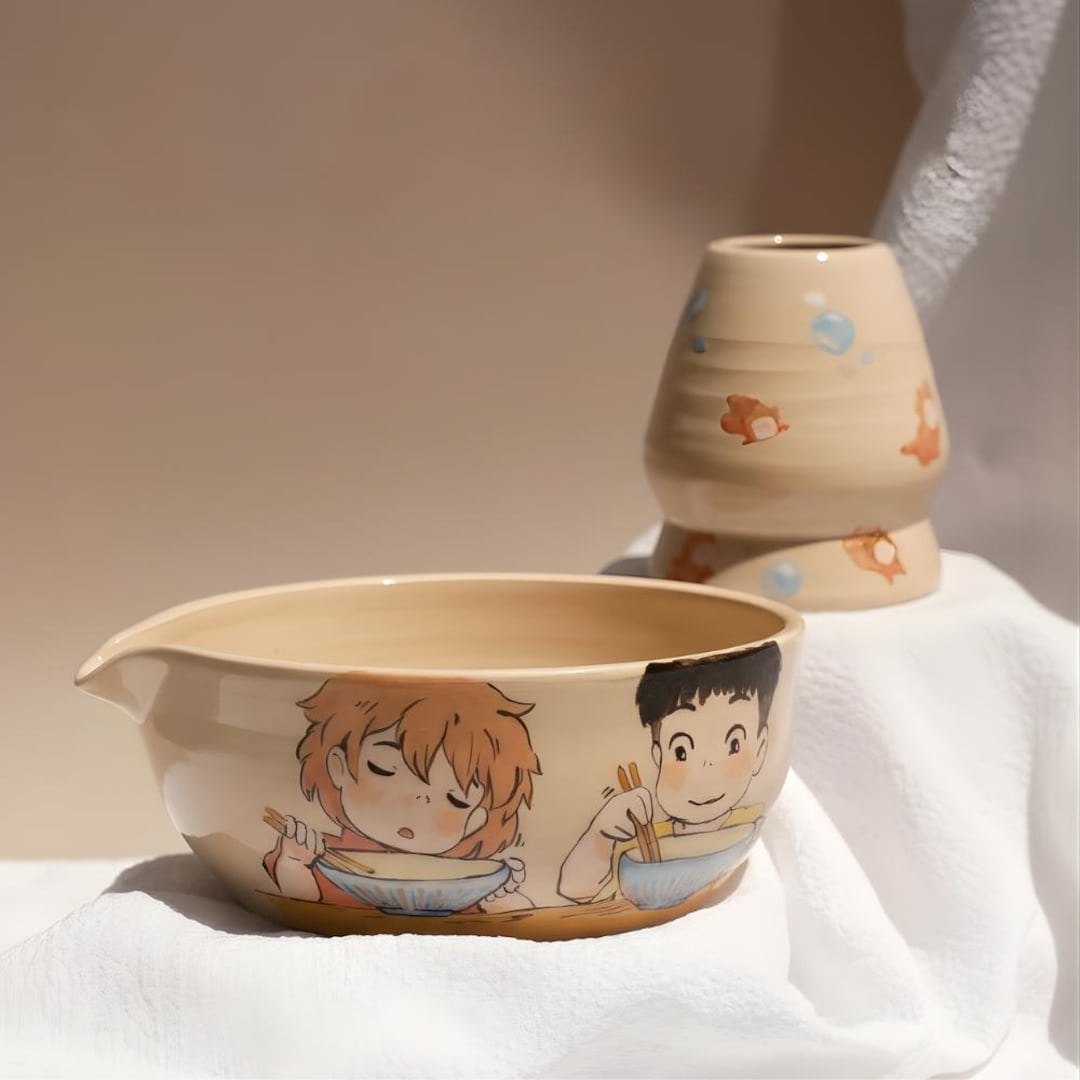 Little Mermaid Matcha Bowl Holder Set - Handmade Ceramic Matcha Chawan - Chasen Stand - Cute Ocean-Inspired Pottery Gift Artisan Tea Set
