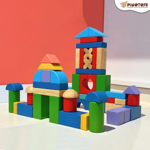 Wooden Building Blocks Set 63 pcs, Preschool Toy, Educational Waldorf Toys for Toddler, Montessori Toy, Construction Toy
