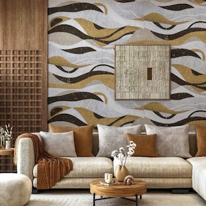 Luxury Cork Wallpaper Mural | Natural Sustainable Cork Wall Covering | Modern Wave Pattern Wall Art | Eco-Friendly for Living Room, Bedroom