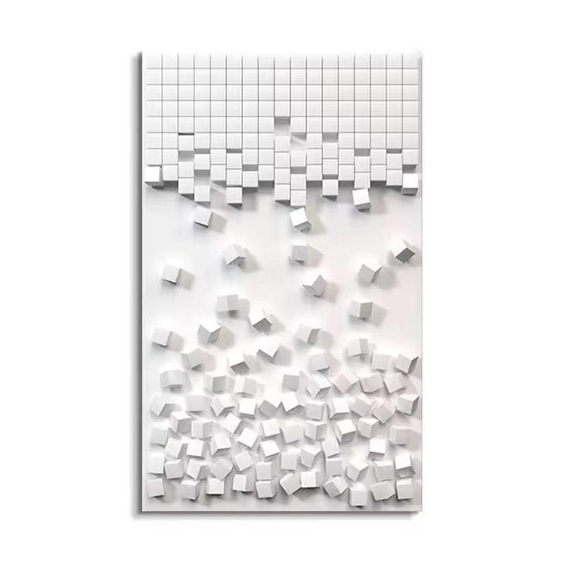 K&ouml;nnte beinhalten: Ein wei&szlig;es rechteckiges Wandkunstwerk mit 3D-Design. Der obere Teil zeigt ein Rastermuster, das in verstreute wei&szlig;e W&uuml;rfel &uuml;bergeht, die zu fallen scheinen. Das Kunstwerk erzeugt einen modernen, abstrakten visuellen Effekt.