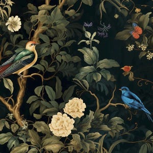 Tapete mit dunklem Blumen Hintergrund mit Vögeln und Schmetterlingen
