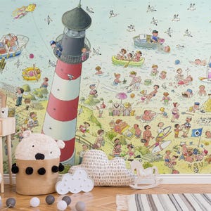 Lighthouse Beach Scene Kids Wall Mural – Custom Whimsical Summer Seaside Wallpaper for Nursery, Playroom, or Classroom – Peel & Stick