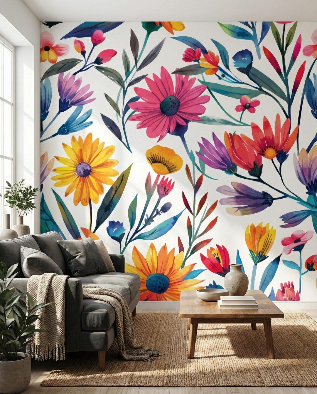 Watercolor Wildflower Wallpaper, Peel and Stick Floral Mural, Colorful ...