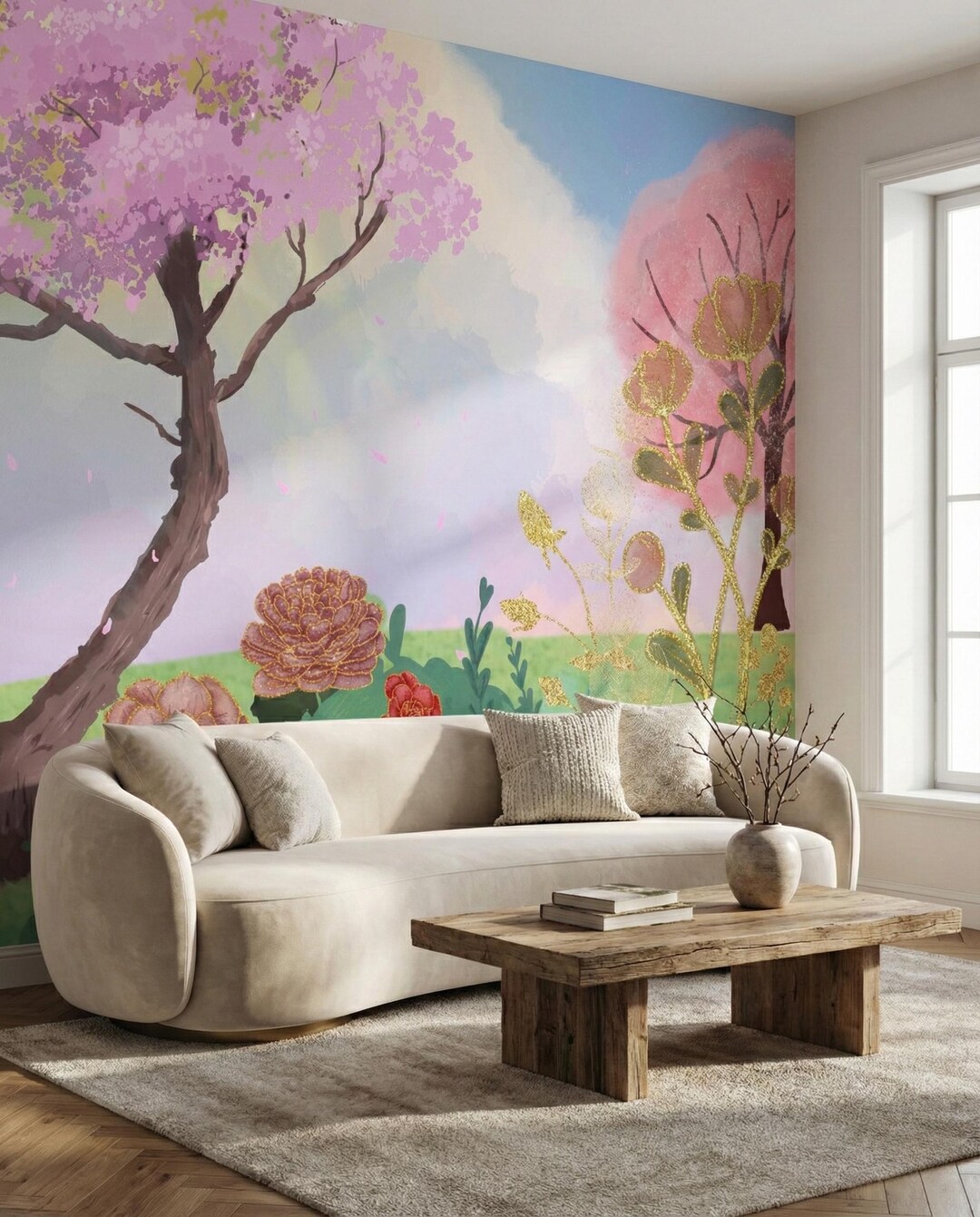 Pink Cherry Blossom Wallpaper, Gold Floral Nursery Wall Mural ...