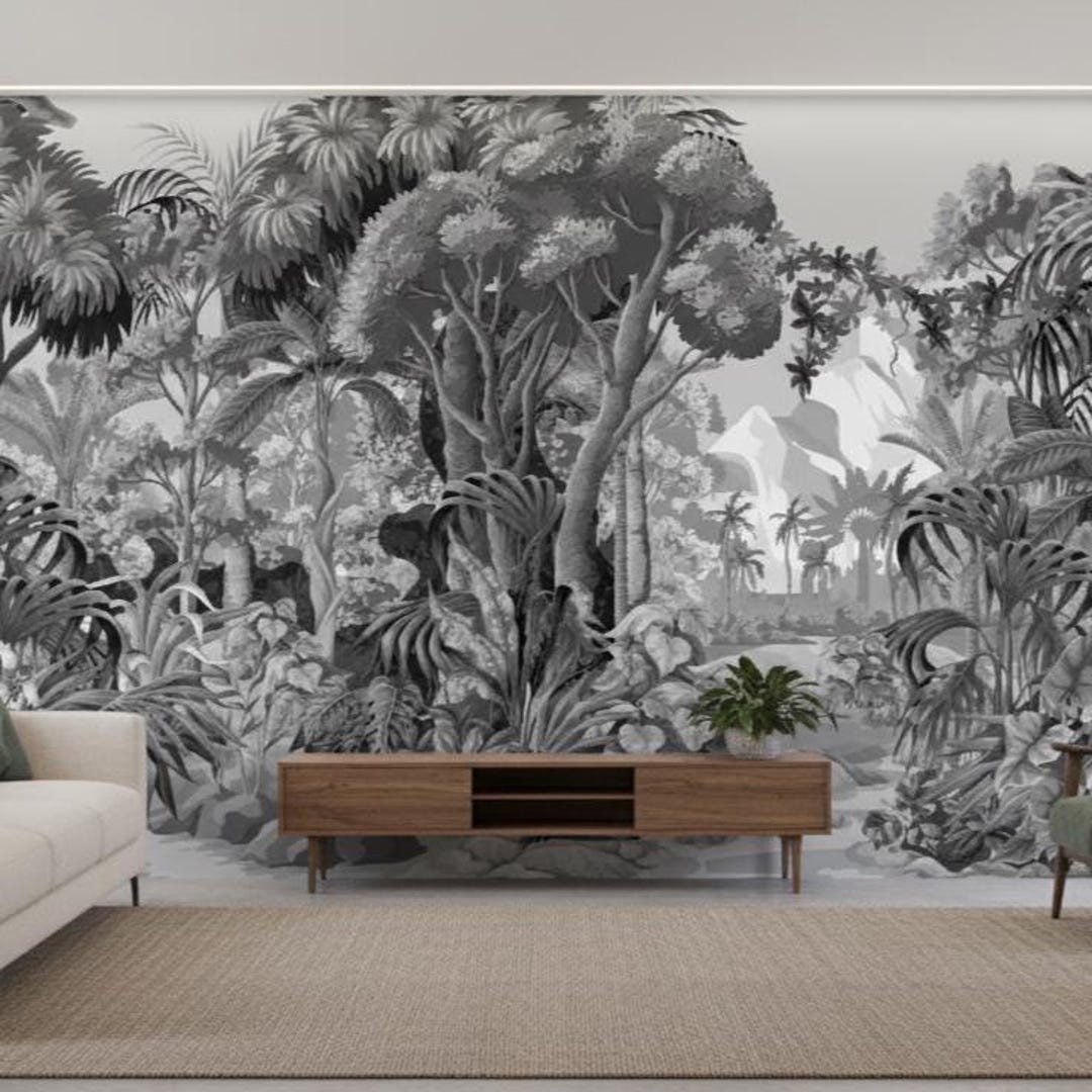 Black & White Jungle Mural – Tropical Peel and Stick Wall Art - Etsy