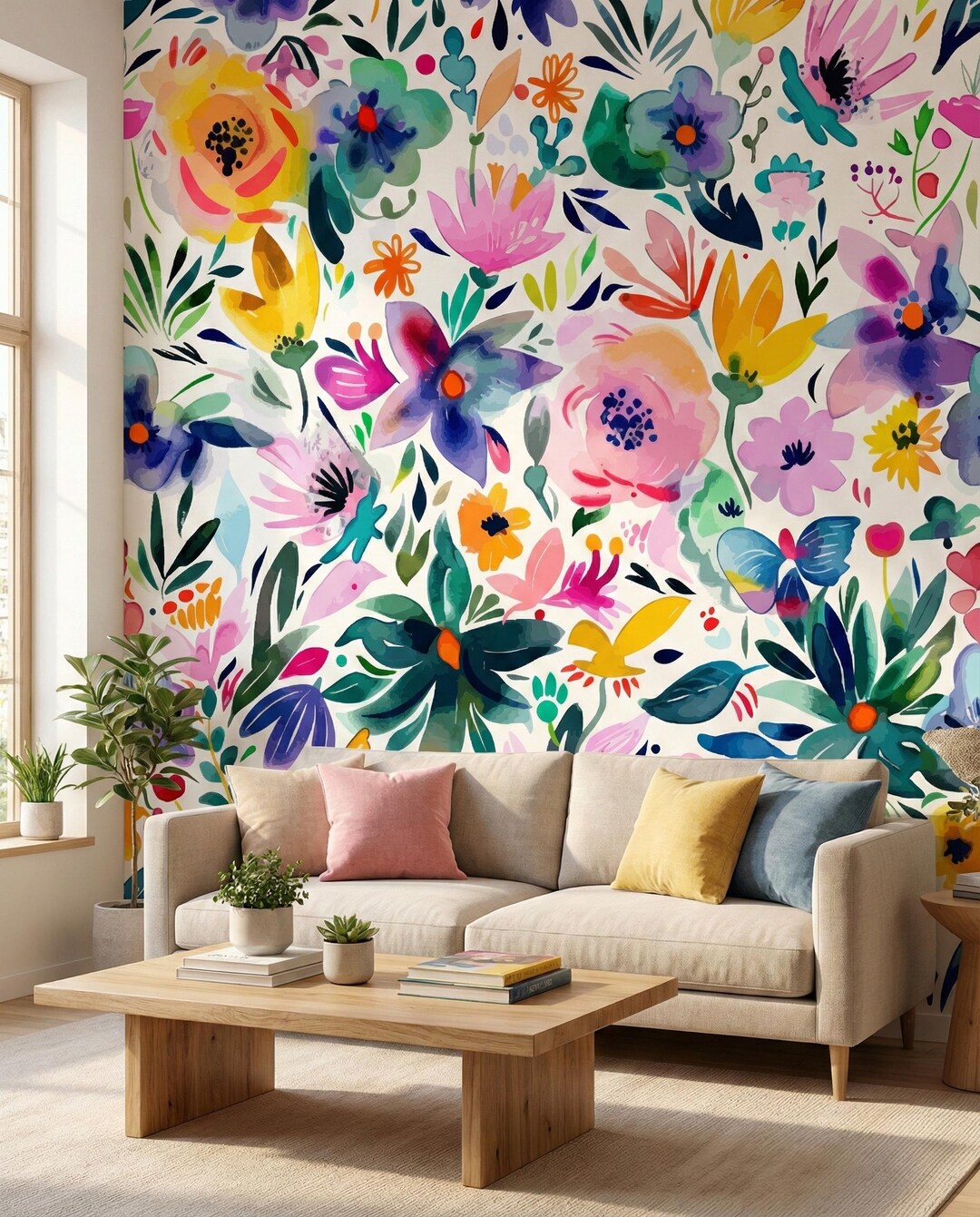 Colorful Watercolor Floral Mural – Peel and Stick Wildflower Mural ...