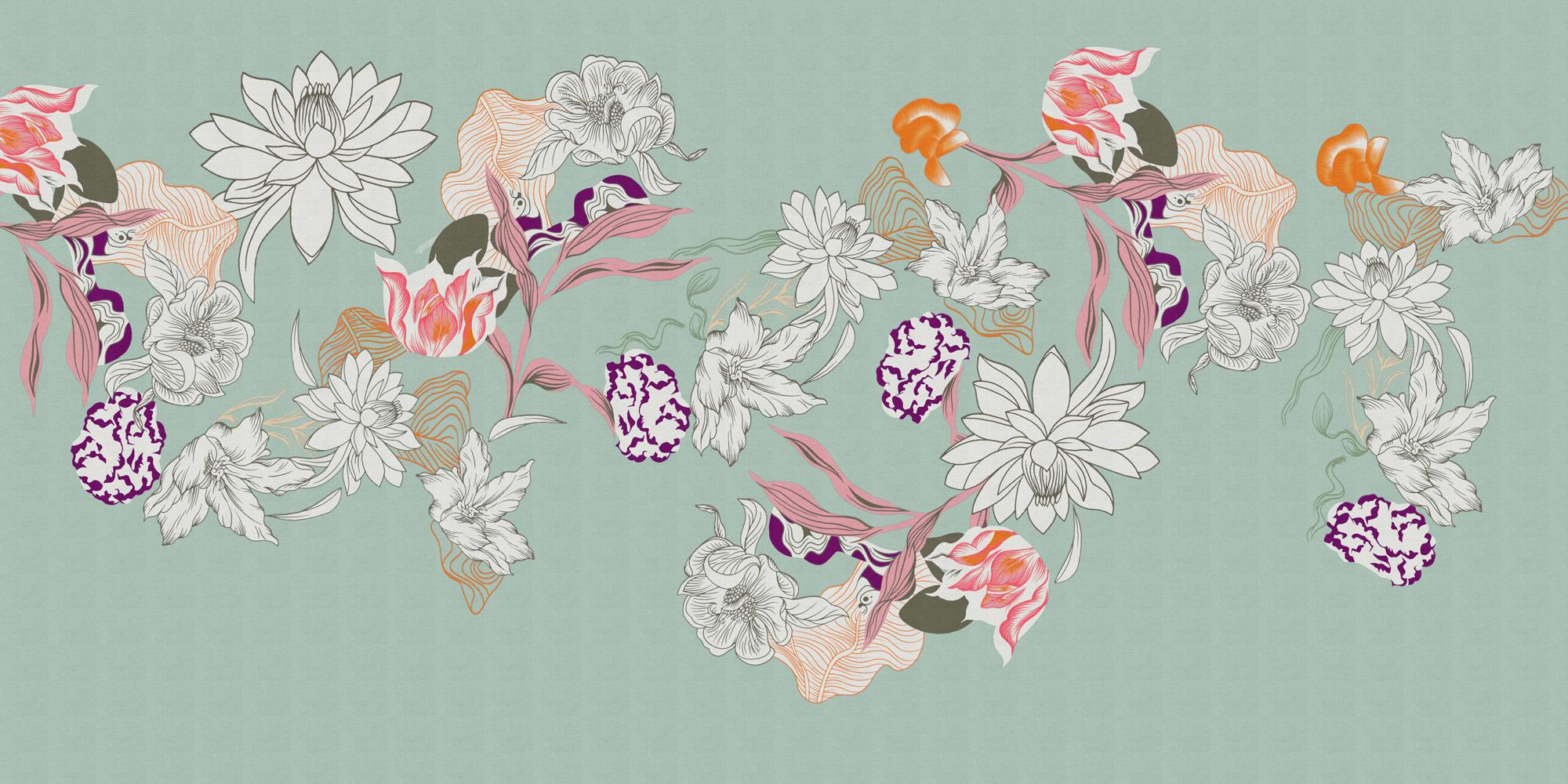 ミントグリーンの花柄壁紙壁画 抽象的な植物デザイン カスタムサイズ 取り外し可能な不織布ビニール ミントグリーンの壁装飾 - 日本
