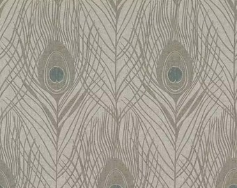 May include: A repeating pattern of stylized peacock feathers in shades of gray and beige. Each feather features an oval eye with a teal center, surrounded by intricate, curved lines, creating a textured, elegant design.