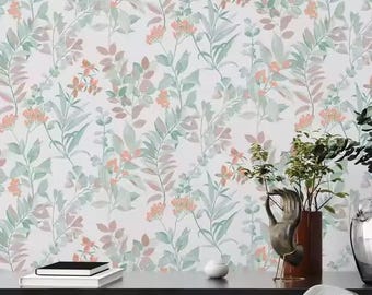 Botanische Blättertapete in Salbeigrün: Moderne Landhaus-Wanddekoration aus Vliesstoff | Selbstklebend oder als Vlies-Vinyltapete, Landhaus-Wanddekoration