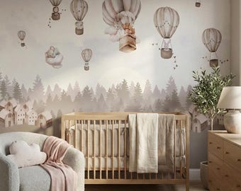 Heißluftballon Kinderzimmer Wandbild Schälen und aufkleben, Aquarell Tier Wandbild, Neutral Baby Zimmer Dekor, Wunderliche Wald Wand Kunst Entfernbar