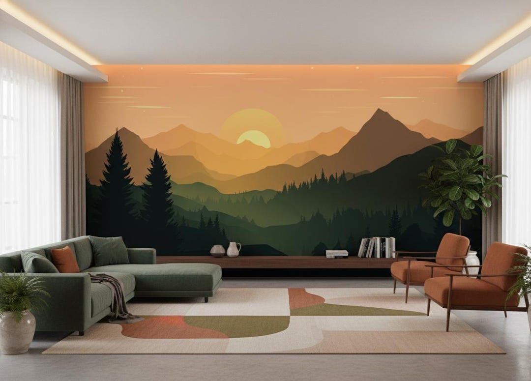 Serene Mountain Landscape Wall Mural, Nature View Accent Decor for ...