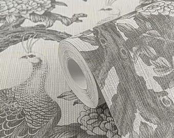 May include: A roll of gray and white wallpaper featuring a detailed floral and peacock design. The pattern includes large flowers, branches, and a peacock with its feathers down. The wallpaper has a textured appearance.