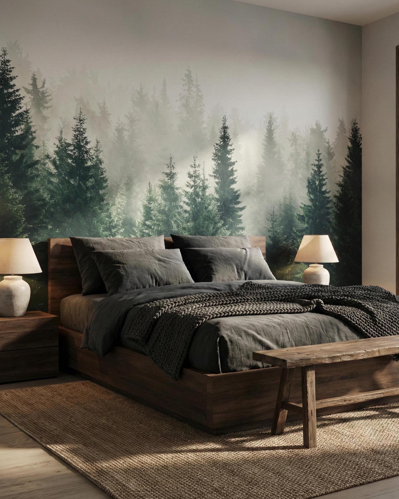 Misty Forest Wall Mural, Moody Pine Tree Wallpaper, Foggy Nature Peel ...