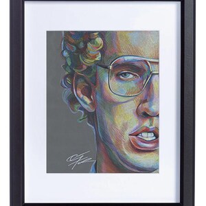May include: A framed portrait of a person with curly hair and glasses. The artwork is a colorful drawing with a signature in the lower left corner. The frame is black, and the artwork is matted with a white border.