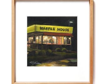 Waffle House at Night, wydruk artystyczny, oryginalny obraz olejny Quincey Turner Studio, kolorowy fast food pop art giclee, wydruk matowy 8x10"