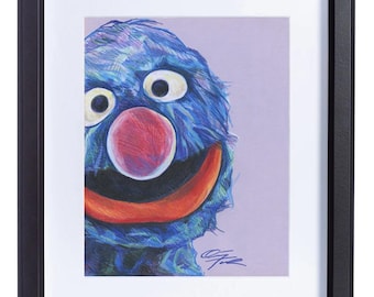 Grover Barrio Sésamo, programa de televisión infantil, impresión artística, lápiz de color Quincey Turner Studio, giclée colorido, impresión con paspartú de 20 x 25 cm