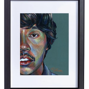 May include: A close-up portrait drawing of a person with dark hair and a mustache. The drawing is done in colored pencil and the person's face is partially obscured by their hair. The background is a dark teal color.