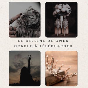 Puede incluir: Un collage con cuatro imágenes: un búho, un ramo de flores, una silueta de una persona con los brazos levantados y una corona dorada. El texto incluye "LE BELLINE DE GWEN ORACLE À TÉLÉCHARGER" y "Gwennhad Spirit".