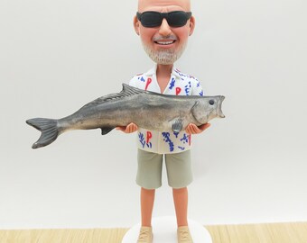Spersonalizowana figurka wędkarska z kiwającą głową: prezent z żywicy w kształcie rybaka, spersonalizowana pamiątka