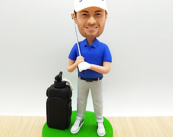 Niestandardowa figurka golfisty z kiwającą głową | Ręcznie robiona figurka golfisty z gliny polimerowej