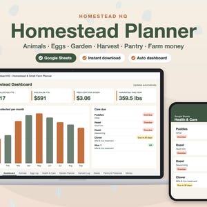 May include: A digital Homestead Planner displayed on a laptop and smartphone screen. The interface features a dashboard with charts for egg collection, sales, feed costs, and harvest data, plus a health and care tracking list for animals.