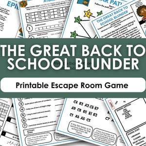 Puede incluir: Un conjunto de hojas de juego de escape room imprimibles, titulado "The Great Back to School Blunder". Las hojas presentan rompecabezas, pistas y un juego de palabras misteriosas. El diseño incluye gráficos y texto coloridos, perfectos para el entretenimiento educativo.