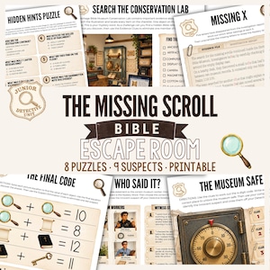 Puede incluir: Un juego de escape bíblico imprimible titulado The Missing Scroll, que incluye 8 acertijos y 9 sospechosos. El conjunto contiene varias hojas de actividades como Hidden Hints Puzzle, Search the Conservation Lab, Missing X, The Final Code, Who Said It y The Museum Safe, decoradas con iconos de lupas y gráficos de detectives.