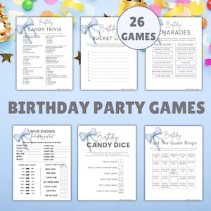 26 Game Tween en Teen Birthday Party Games Afdrukbare bundel, Blue Bow Slumber Sleepover-activiteiten voor meisjes Instant download pdf-bestand