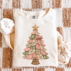 Patchwork Christmas Tree PNG, Pink and Sage Christmas PNG, Quilted Fabric Tree, Coquette Christmas Bow, Christmas PNG Digital Download